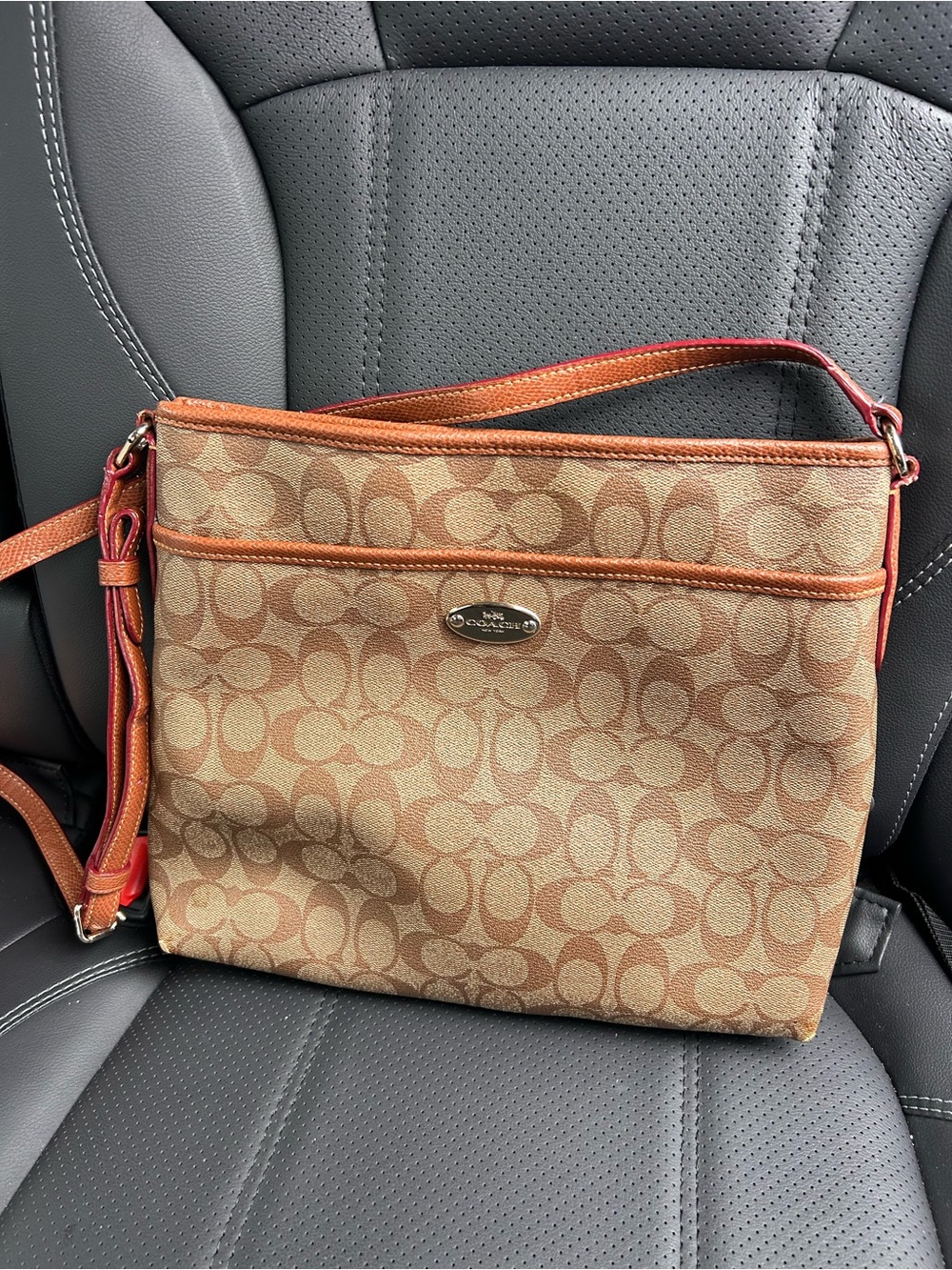 Coach Signature Monogram Crossbody Bag Brown Beige Zip Logo Adjustable Strap
